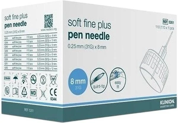 Aiguilles KLINION Soft Fine Pen 8 mm 31G, 110 pièces
