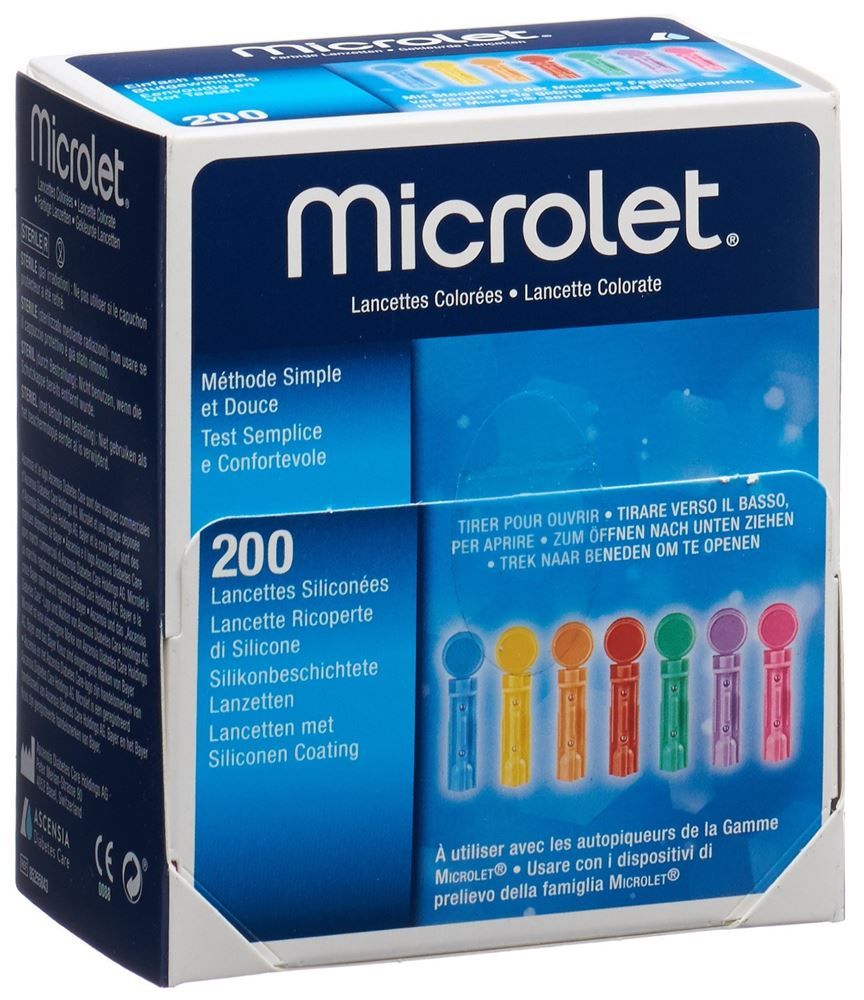 Lancettes MICROLET (PI-APS) colorées 200 pièces Lancettes MICROLET (PI-APS) colorées 200 pièces