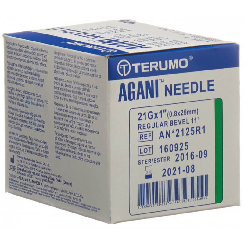 Aiguille jetable Terumo Agani 21G 0.8x25mm vert 100 pièces Aiguille jetable Terumo Agani 21G 0.8x25mm vert 100 pièces