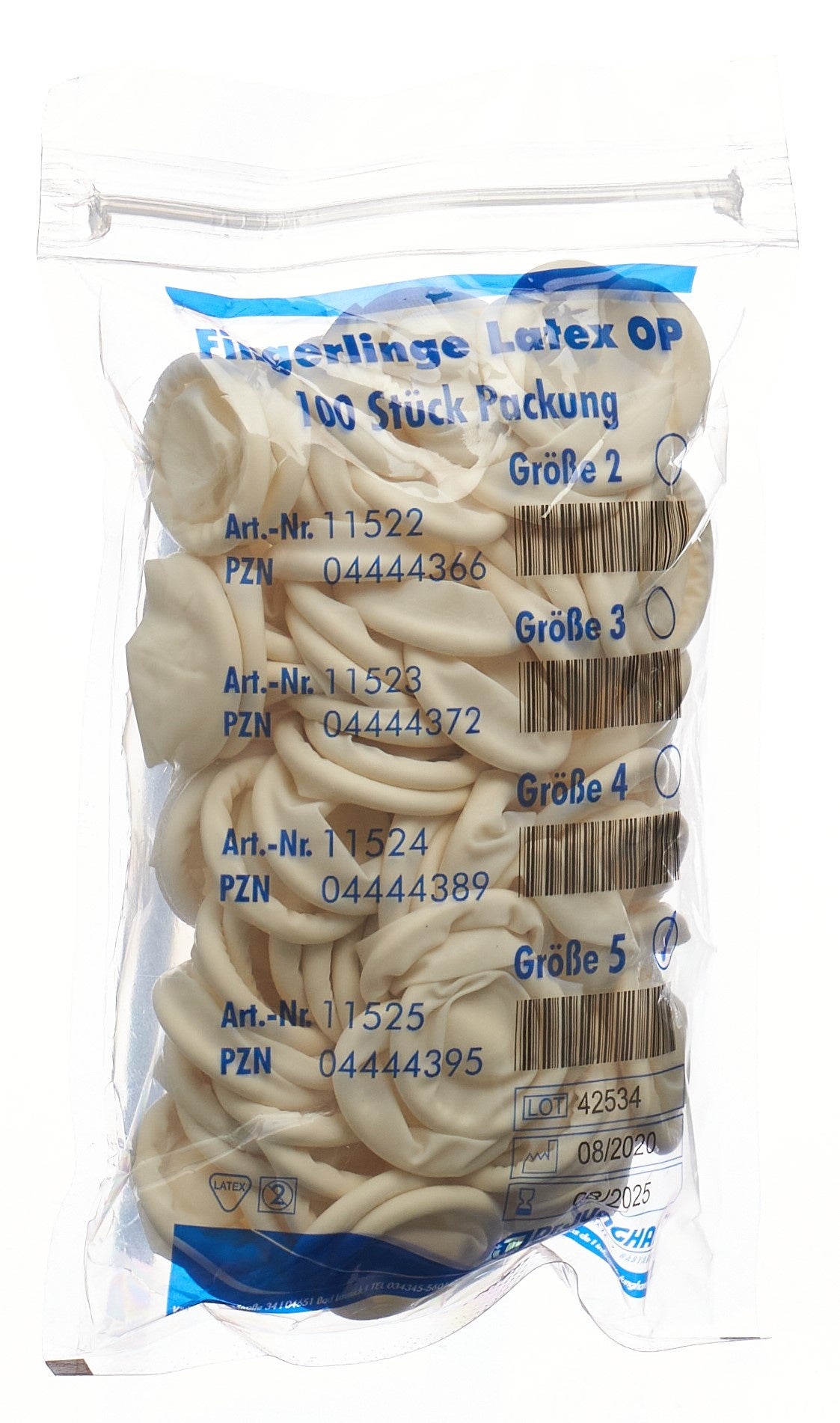 Dr. Junghans doigtiers roulés en latex Gr5 non poudrés et non stériles 100 pièces