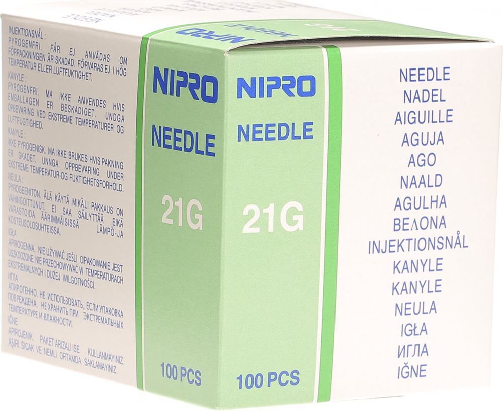Canule jetable Nipro 0.8x50mm 21Gx 2 vert 100 pièces Canule jetable Nipro 0.8x50mm 21Gx 2 vert 100 pièces