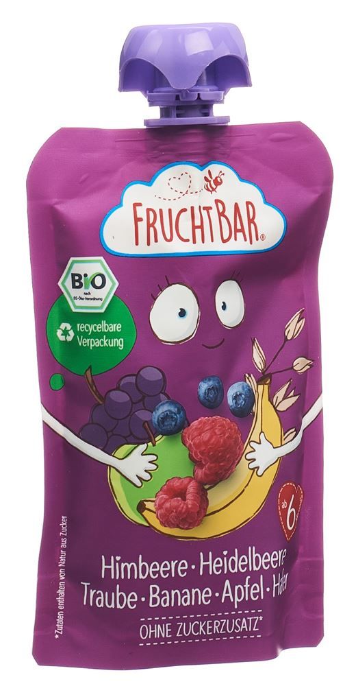 FRUCHTBAR Purée de fruits bio framboise myrtille raisin banane avoine, 100g