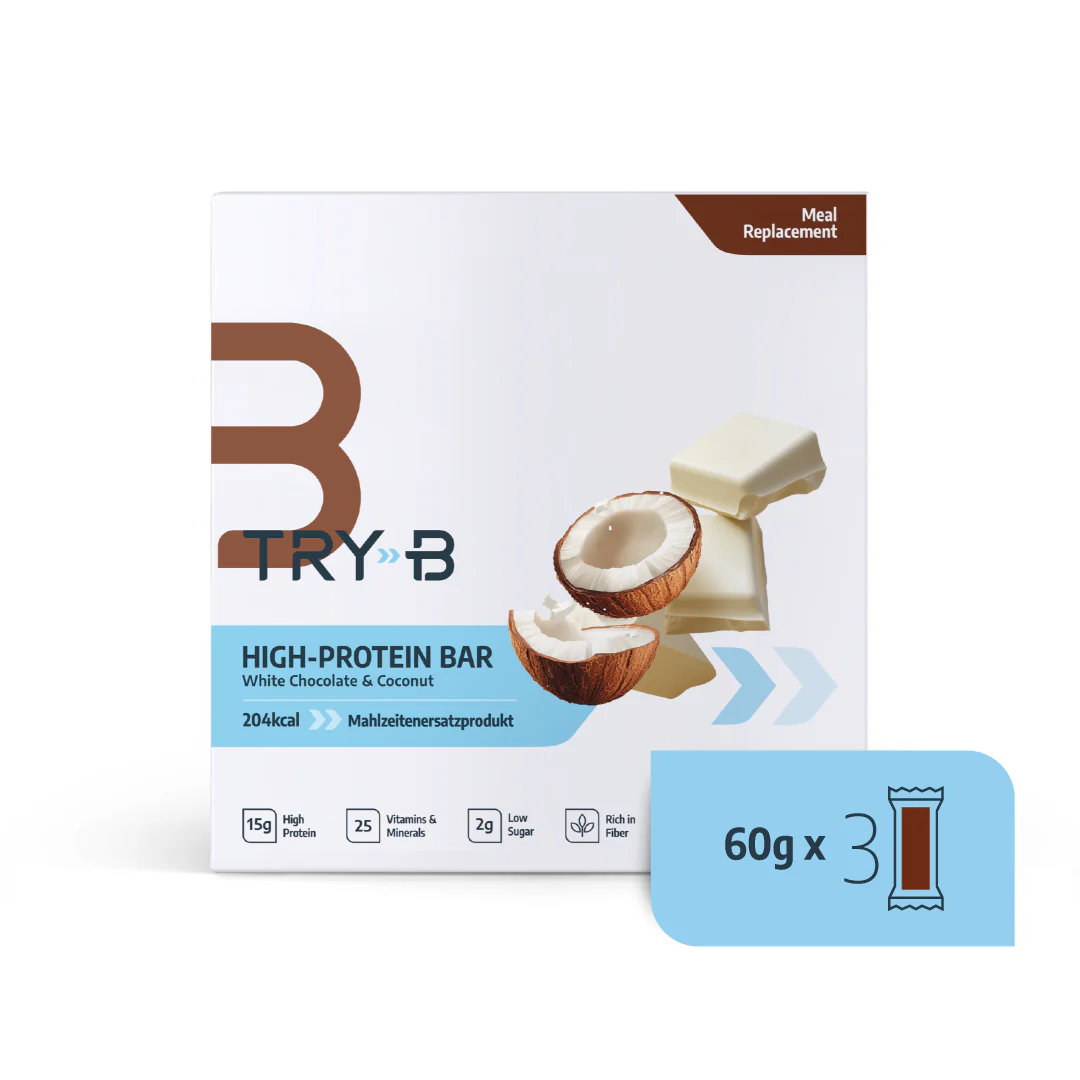 TRY-B Barre de substitut de repas au chocolat blanc et à la noix de coco 3x 60g TRY-B Barre de substitut de repas au chocolat blanc et à la noix de coco 3x 60g