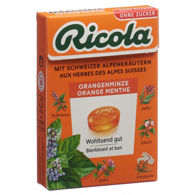 Bonbons à l'orange et à la menthe Ricola sans sucre avec stévia boîte 50g