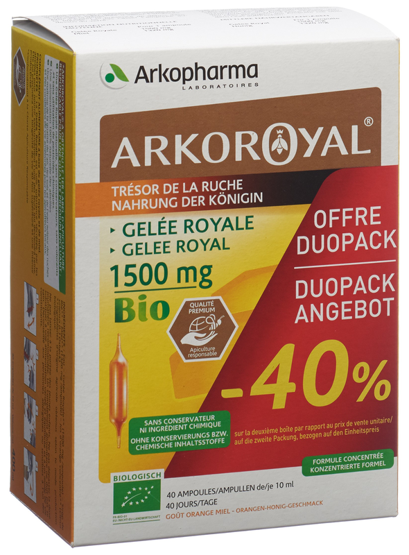 Arkoroyal® Gelée Royale à boire 1500 mg Bio Duo 2 x 20 pièces Arkoroyal® Gelée Royale à boire 1500 mg Bio Duo 2 x 20 pièces