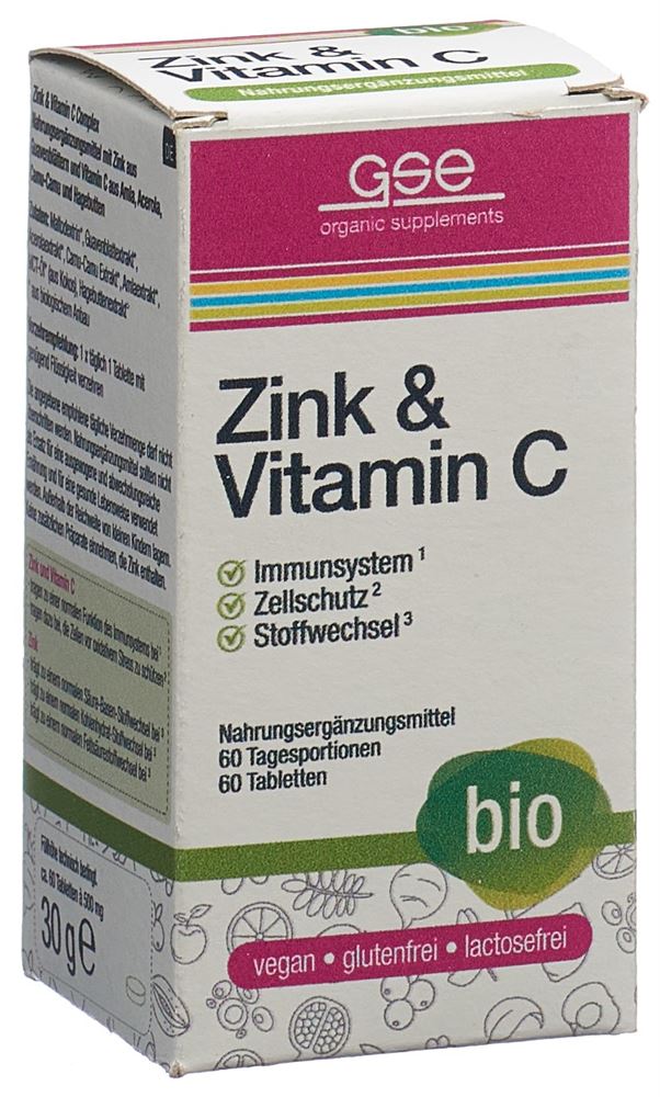 Comprimés GSE Zinc+Vitamine C Complex Verre bio 60 pièces Comprimés GSE Zinc+Vitamine C Complex Verre bio 60 pièces