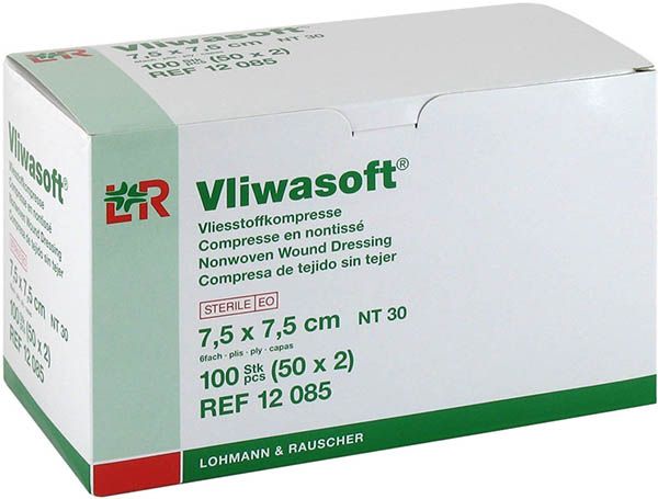 Compresses Vliwasoft en non-tissé 7.5x7.5cm 4 plis Btl 100 pces