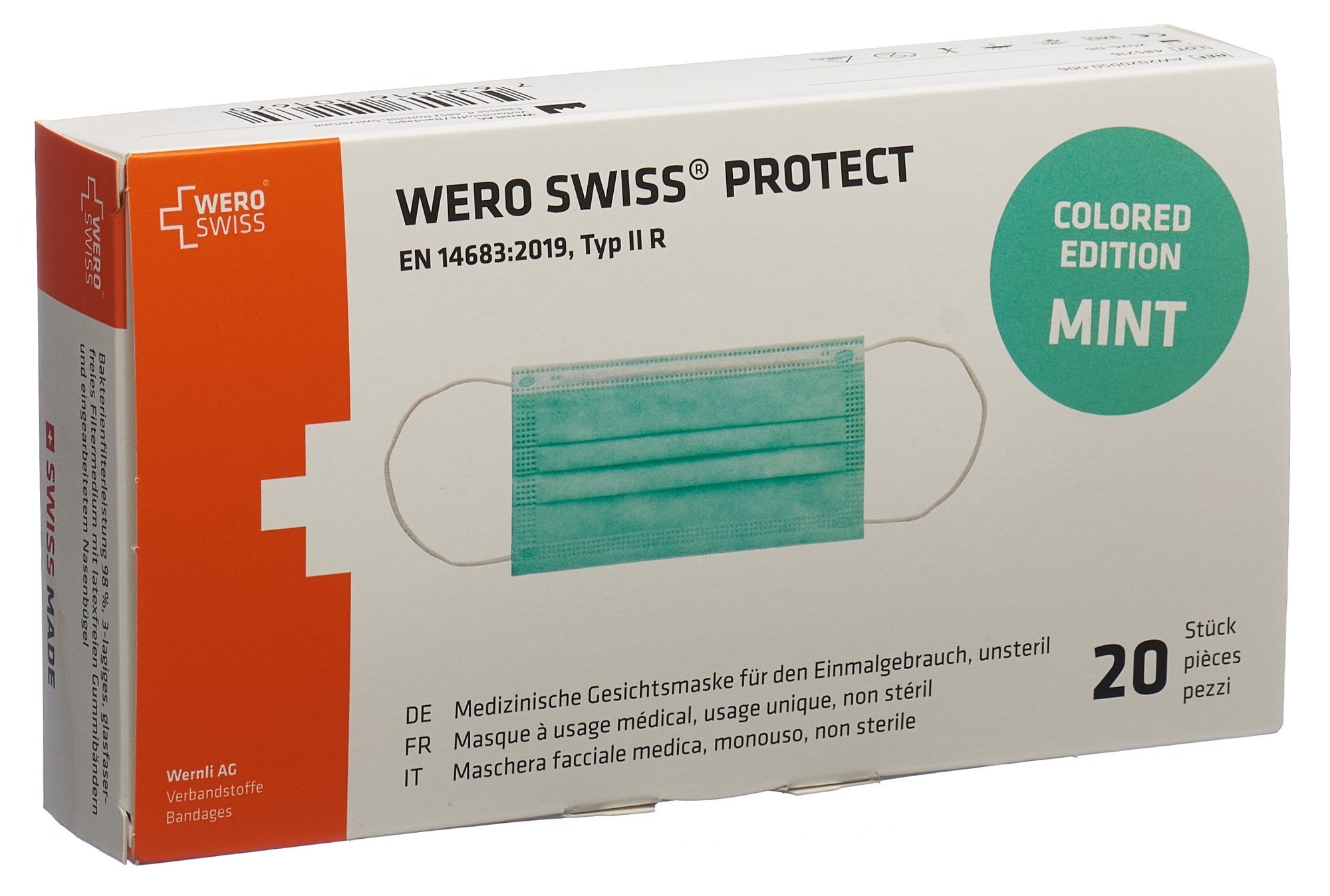 Masque WERO SWISS Protect type IIR menthe boîte 20 pièces
