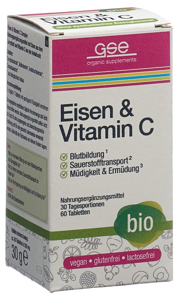 Comprimés GSE Fer+Vitamine C Complex Verre bio 60 pièces Comprimés GSE Fer+Vitamine C Complex Verre bio 60 pièces