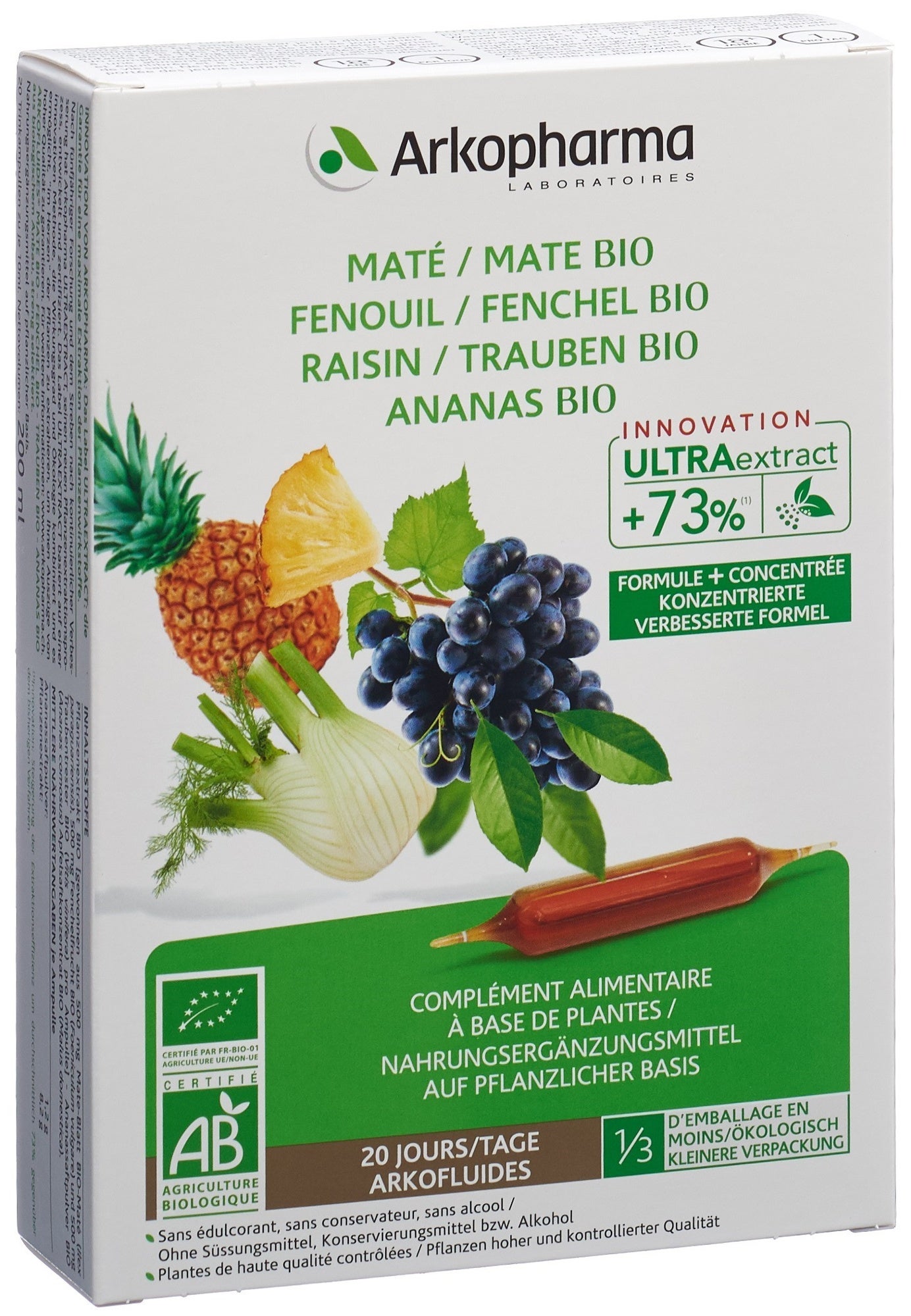 Arkofluide ananas maté fenouil marc de raisin bio 20 ampoules à boire 10ml Arkofluide ananas maté fenouil marc de raisin bio 20 ampoules à boire 10ml