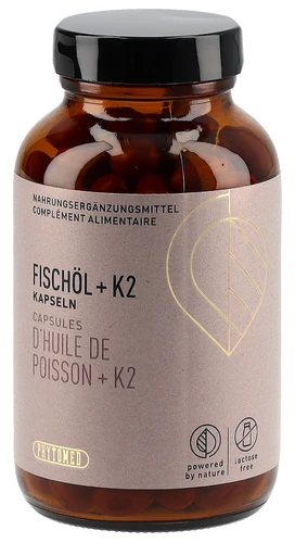 PHYTOMED Capsules d'huile de poisson et de vitamine K2, flacon en verre de 200 unités