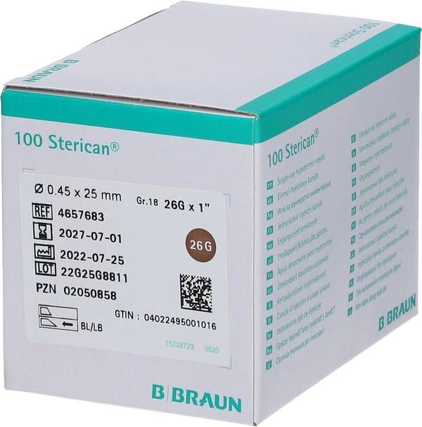 Canule STERICAN G26 0.45x25mm 1 long br 100 pièces Canule STERICAN G26 0.45x25mm 1 long br 100 pièces