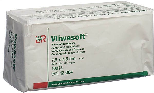 Compresses Vliwasoft en non-tissé 7.5x7.5cm 6 plis Btl 100 pièces