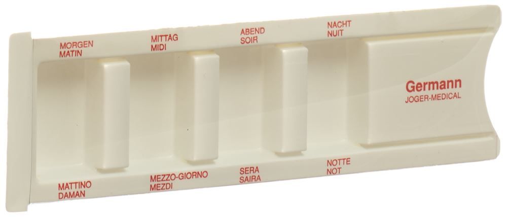 GERMANN Distributeur de médicaments journalier blanc/rouge avec inscription GERMANN Distributeur de médicaments journalier blanc/rouge avec inscription
