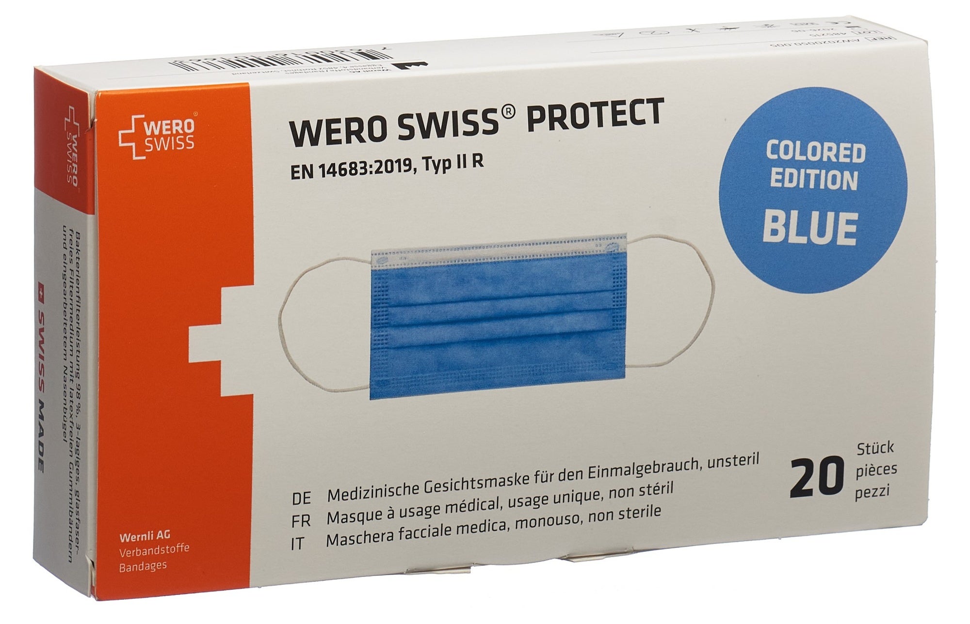 Masque WERO SWISS Protect type IIR bleu boîte 20 pièces
