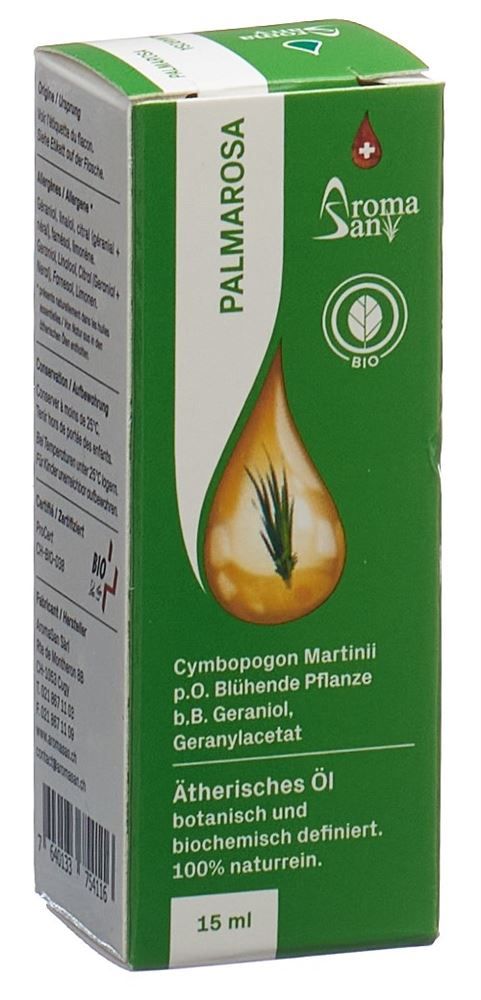 Huile essentielle de palmarosa Aromasan en boîte, bio 15ml Huile essentielle de palmarosa Aromasan en boîte, bio 15ml
