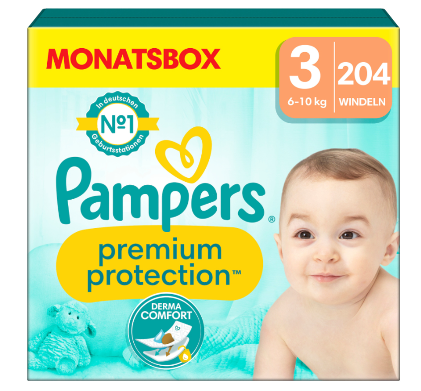 Pampers Prem Prot Gr3 6-10kg Midi Mon Box 204 pièces