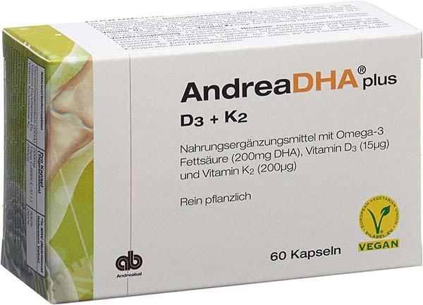 AndreaDHA plus Oméga-3 Vitamine D3 + Vitamine K2 Capsules végétaliennes 60 pièces AndreaDHA plus Oméga-3 Vitamine D3 + Vitamine K2 Capsules végétaliennes 60 pièces