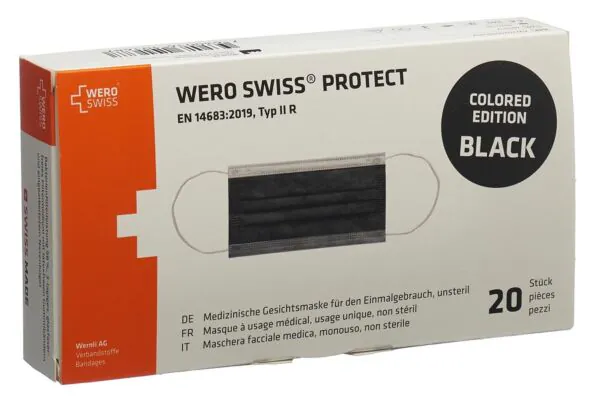 Masque WERO SWISS Protect type IIR noir boîte 20 pièces