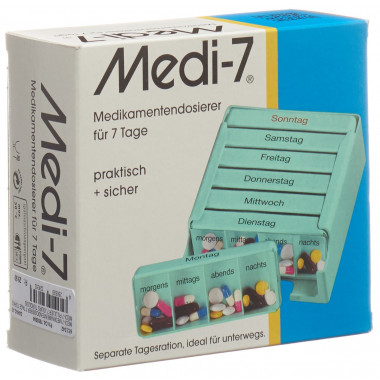 Sahag Medi-7 Doseur de médicaments 7 jours 4 compartiments par jour turquoise allemand Sahag Medi-7 Doseur de médicaments 7 jours 4 compartiments par jour turquoise allemand