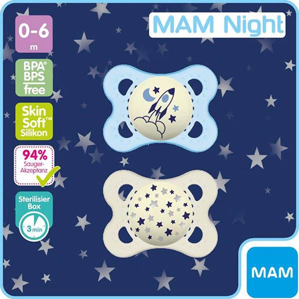 MAM Night Sucette en silicone 0-6 mois Boy 2 pièces