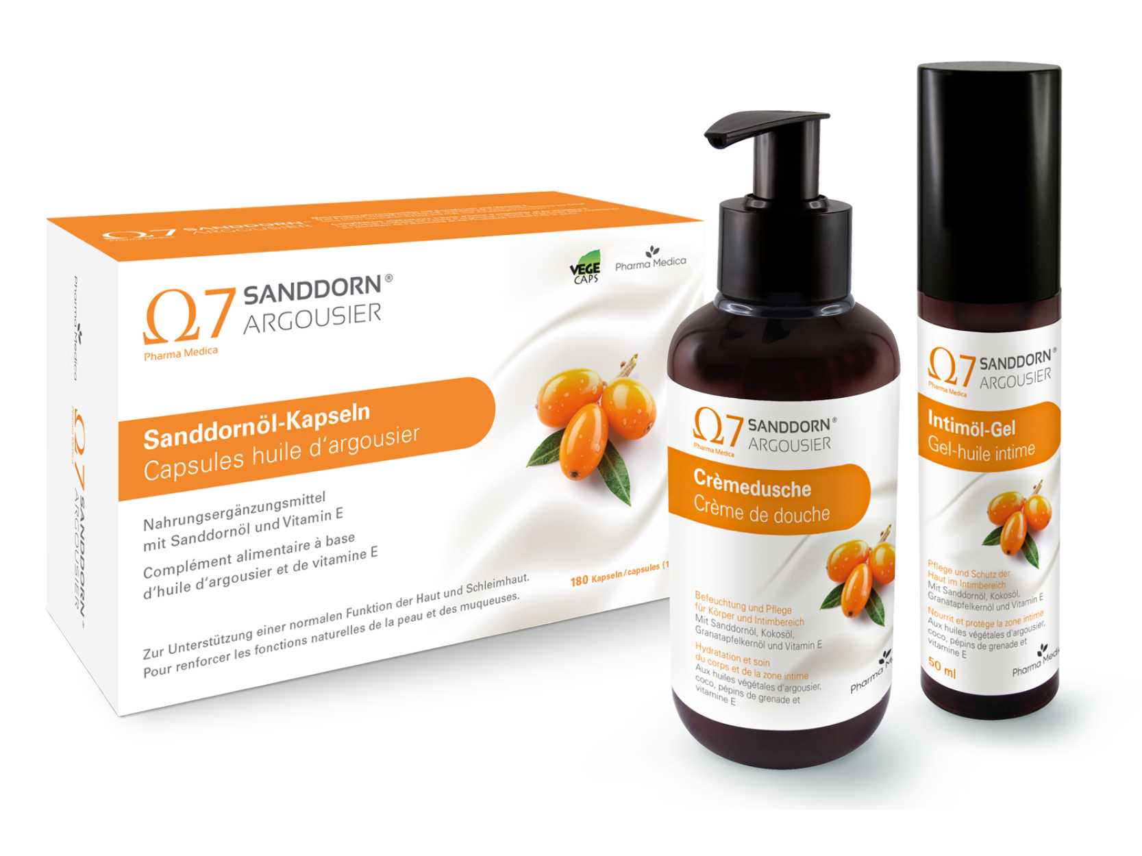 Ω7 Argousier® Set capsules 180 pièces, gel d'huile intime 50ml & crème de douche Ω7 Argousier® Set capsules 180 pièces, gel d'huile intime 50ml & crème de douche