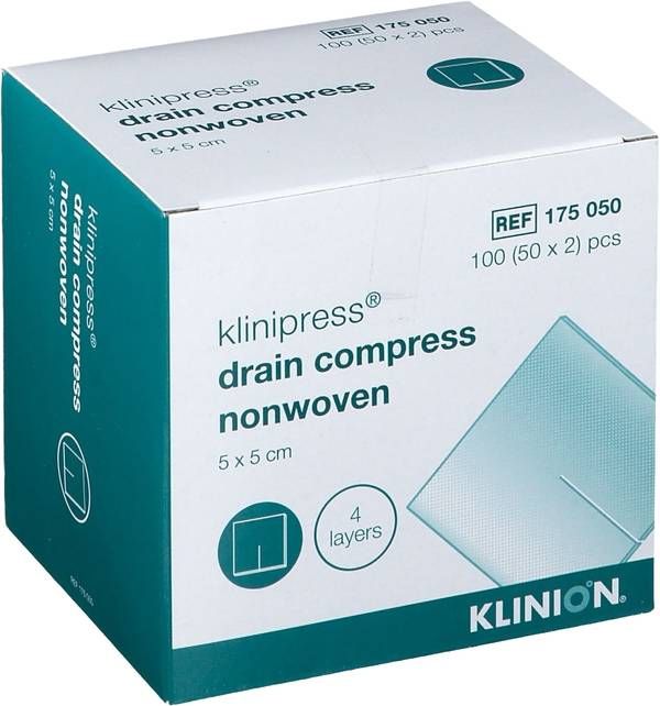 Compresses fendues Klinion en non-tissé 5x5cm stériles, 50 x 2 pièces Compresses fendues Klinion en non-tissé 5x5cm stériles, 50 x 2 pièces