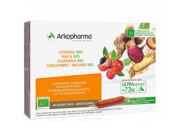 Arkofluide ampoule buvable ginseng-maca-guarana-gingembre bio 20 pièces Arkofluide ampoule buvable ginseng-maca-guarana-gingembre bio 20 pièces