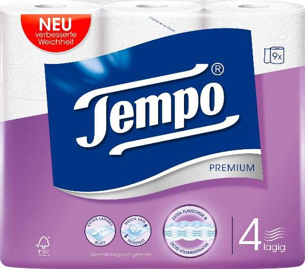 Tempo Papier hygiénique Premium blanc 4 plis 110 feuilles 9 pièces