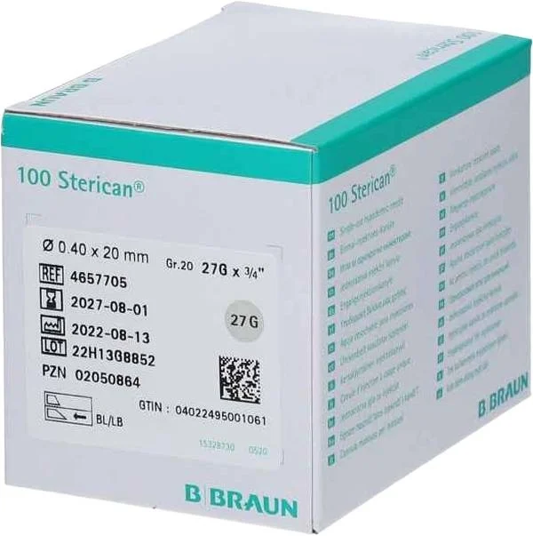 Aiguille Sterican G27 0.4x20mm 3/4 long gr 100 pièces