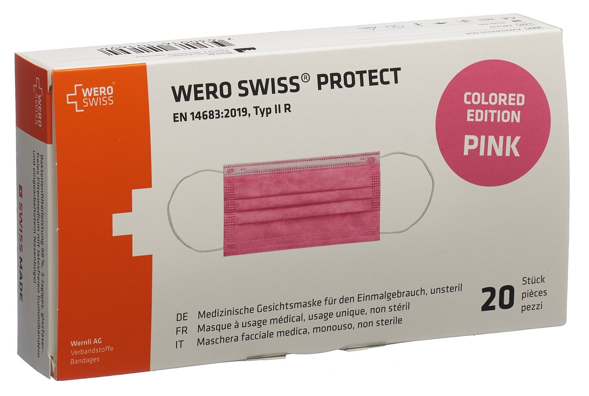 Masque WERO SWISS Protect type IIR rose boîte 20 pièces