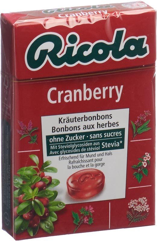 Bonbons aux herbes Ricola Cranberry sans sucre avec stévia boîte 50 g