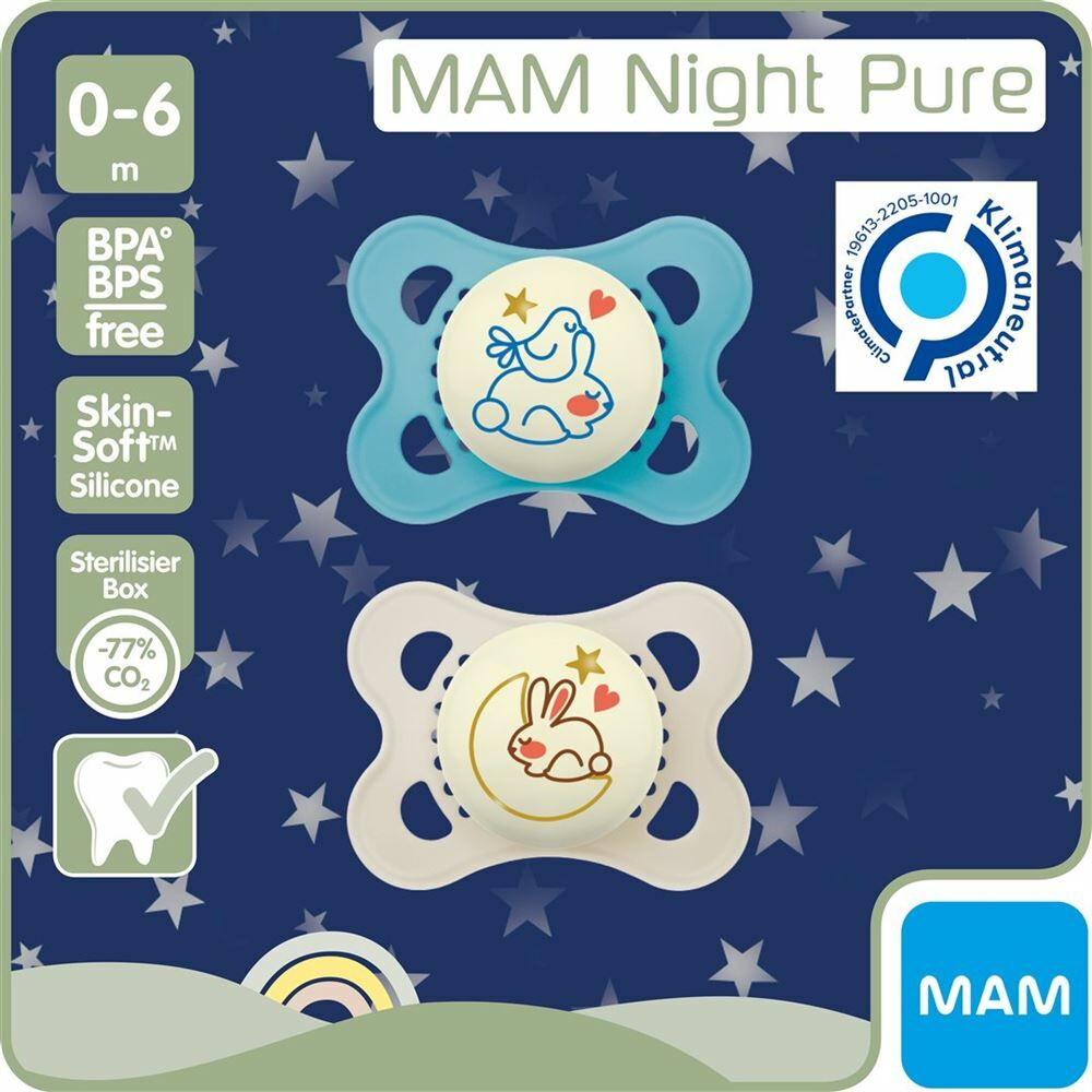 MAM Night Sucette Pure Caoutchouc 0-6 mois 2 pièces