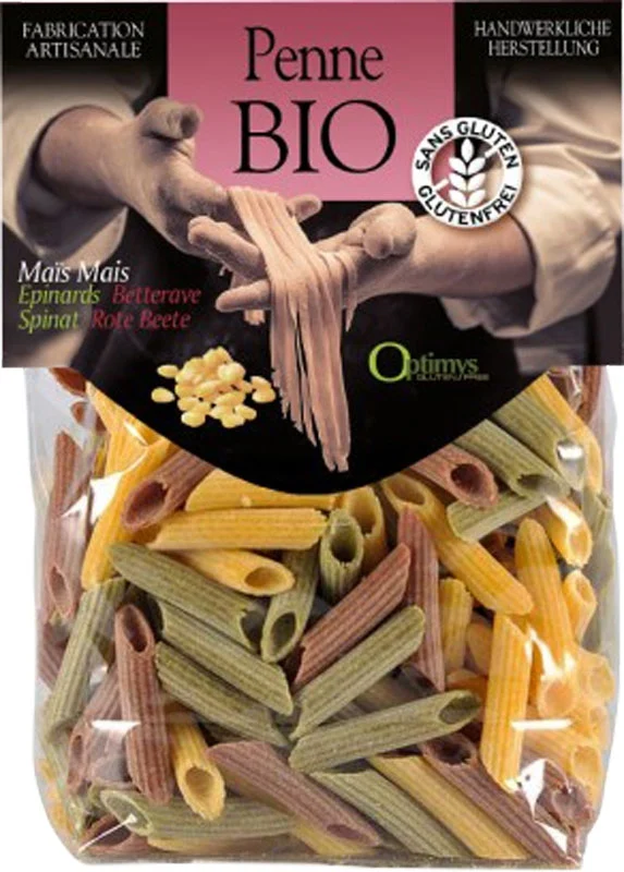 Penne au maïs tricolore Optimys Bio Btl 250g