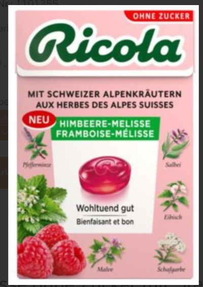Ricola Framboise-Mélisse sans sucre avec stévia Boîte 50g