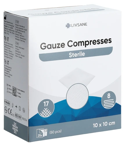 Compresses de gaze LIVSANE 10 x 10 cm, stériles, 2 x 25 pièces
