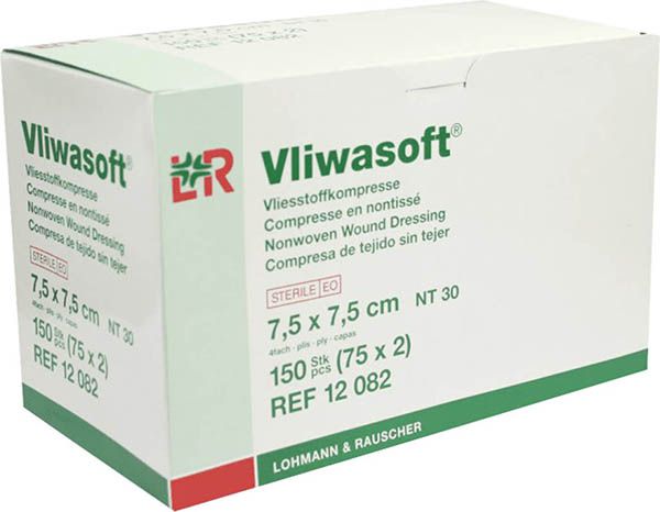 Compresses Vliwasoft non tissées 7.5x7.5cm 4 plis stériles 75 x 2 pièces