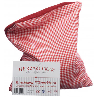 HERZZUCKER Coussin aux noyeaux de cerise 26x21cm carreaux/ laine cardée rouge