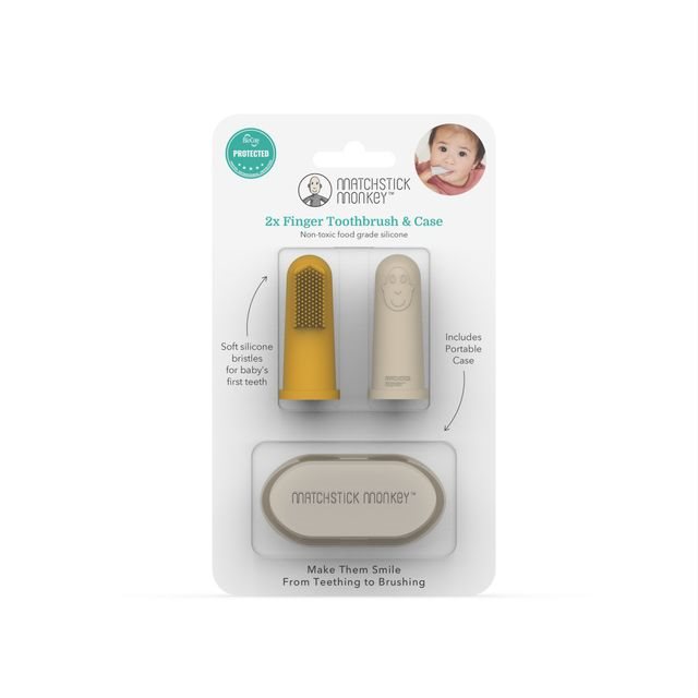 Brosse à dents pour les doigts MATCHSTICK MONKEY, beige et jaune, lot de 2