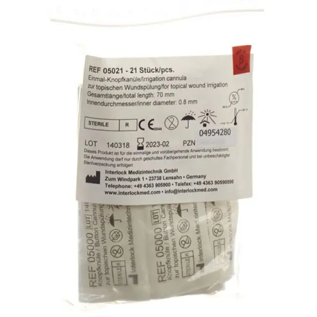 Canules bouton Interlock plastique 0.8x70mm stérile 21 pièces