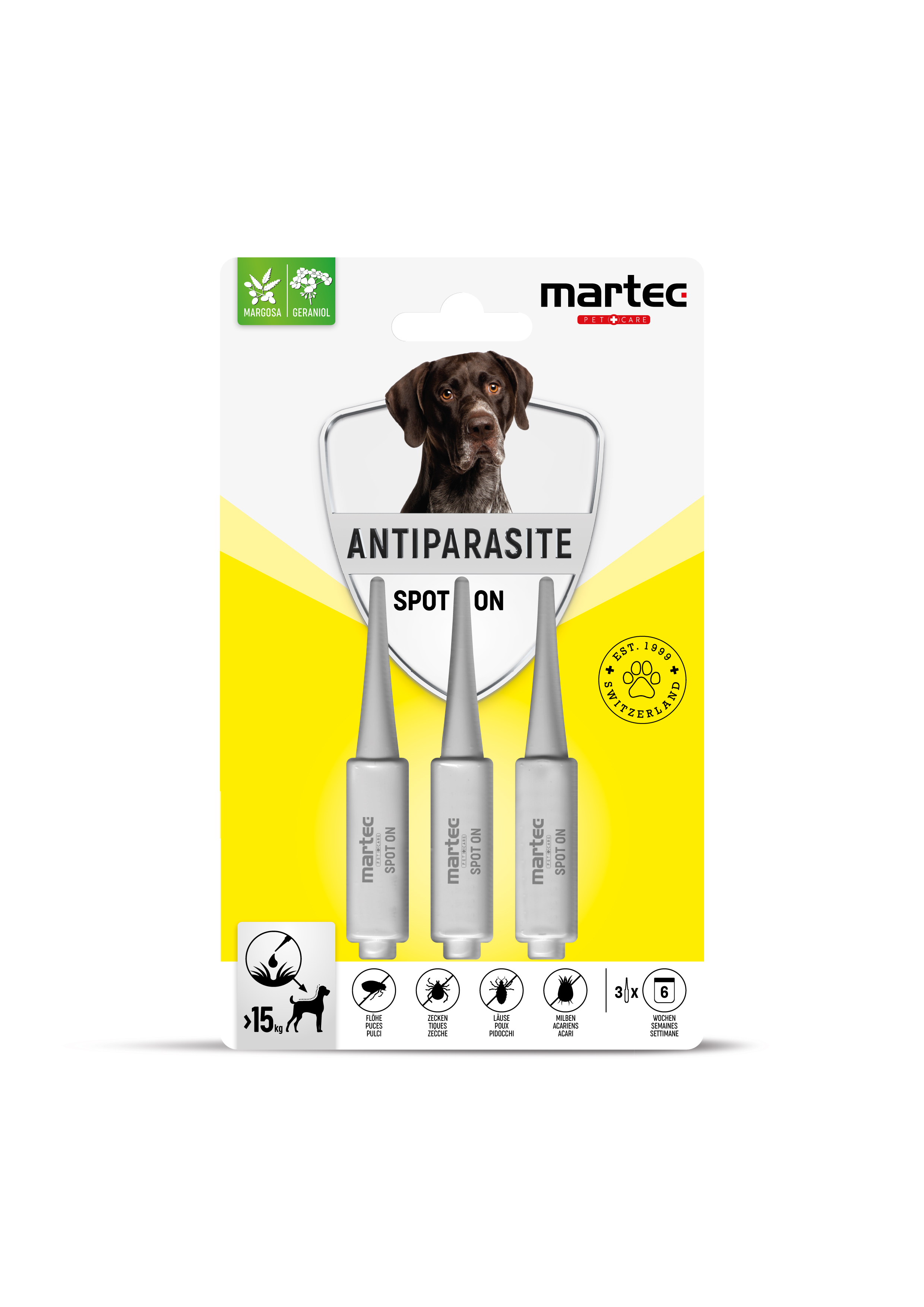 MARTEC PET CARE Spot ANTIPARASITE &gt;15kg chiens 3 x 3ml = Nouveau OPTIPET Spot On