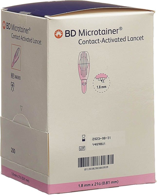 BD MICROTAINER kont lancettes 21Gx1.8mm pi 200 pièces