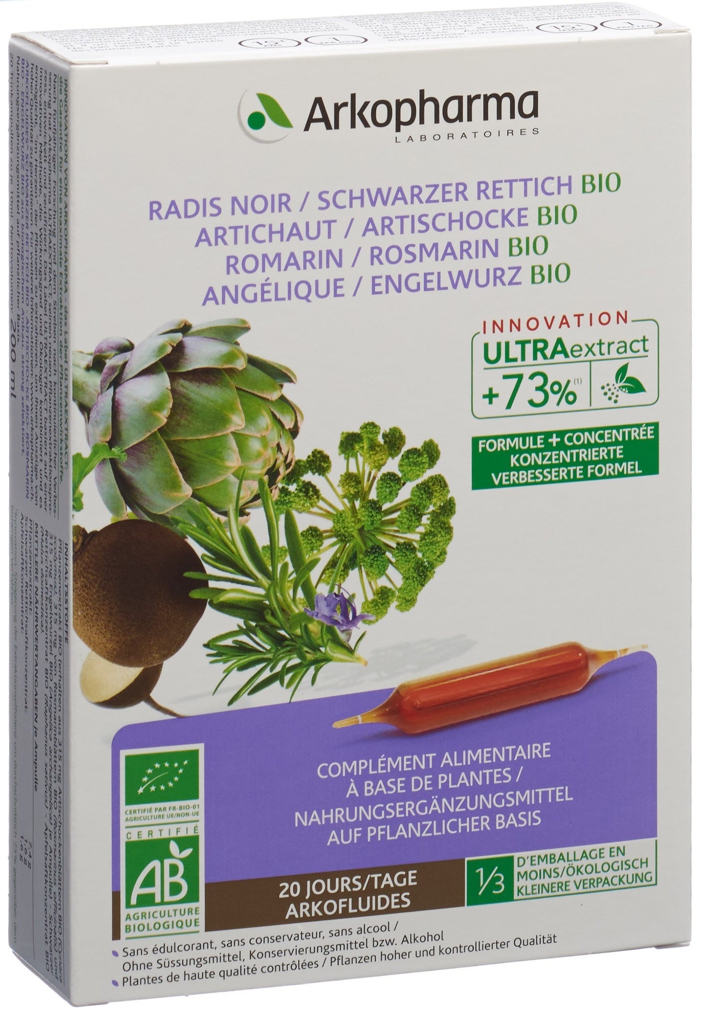 Arkofluide artichaut radis noir romarin angélique bio ampoules buvables 20 pièces Arkofluide artichaut radis noir romarin angélique bio ampoules buvables 20 pièces