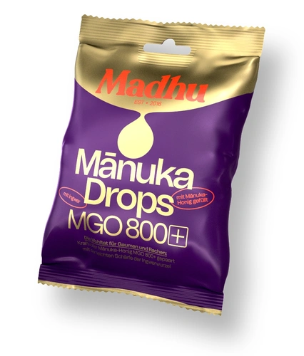 MADHU Manuka Drops : champignon pleurote, MGO 800+, gingembre – 20 comprimés