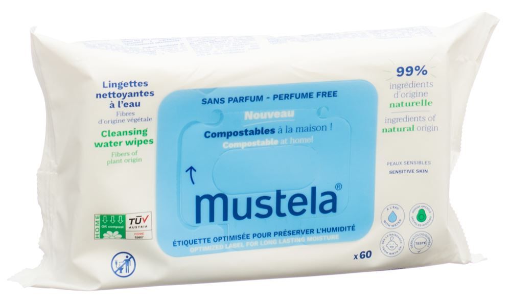 MUSTELA Lingettes humides à l'eau compostables 60 pièces