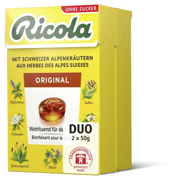 Bonbons Ricola Original sans sucre, à la stévia, 2 x 50 g