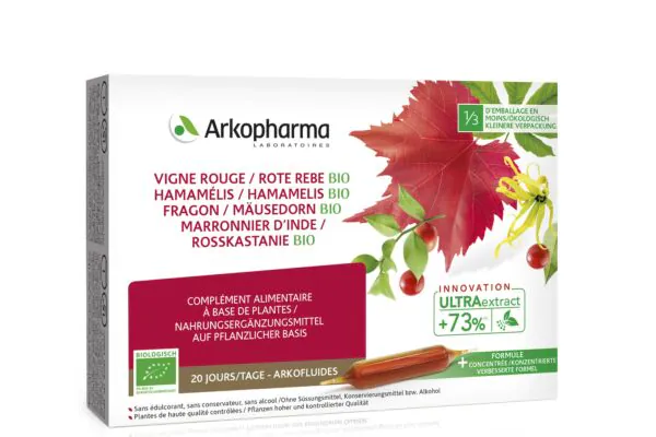 Arkofluide Vigne rouge Hamamélis Petit houx Marron d'Inde Ampoules buvables bio 20 pièces Arkofluide Vigne rouge Hamamélis Petit houx Marron d'Inde Ampoules buvables bio 20 pièces