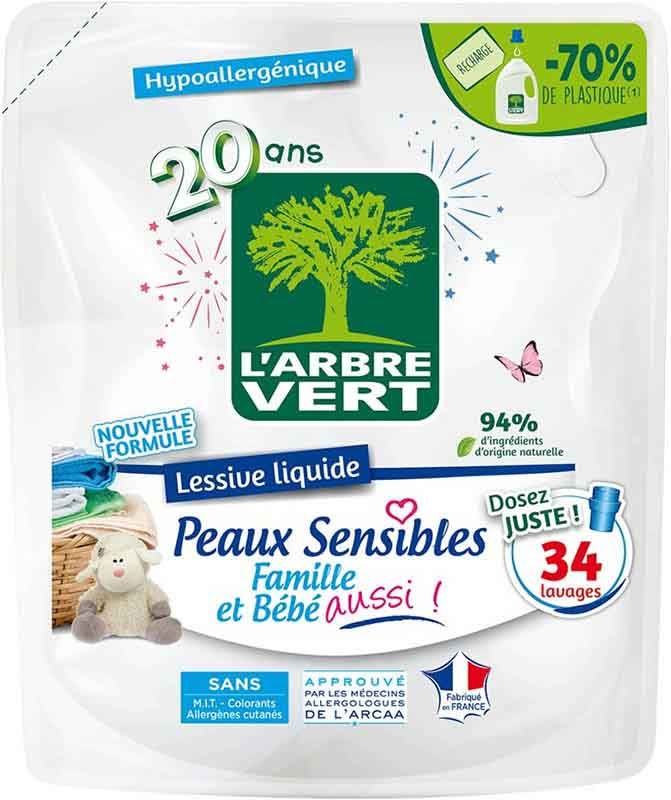 L'ARBRE VERT Recharge lessive liquide peau sensible 1.53lt