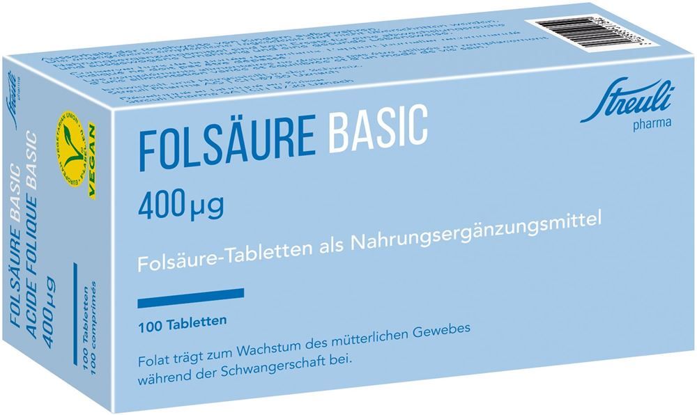 Acide folique Streuli Basic Tabl. 400 mcg 100 pièces Acide folique Streuli Basic Tabl. 400 mcg 100 pièces