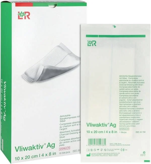 VLIWAKTIV Ag Pansement au charbon actif 10x20cm stérile 10 pièces